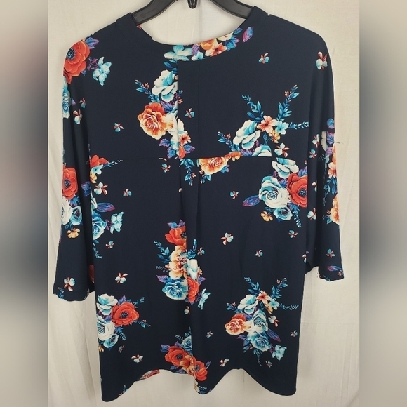 NWT Iman Navy Multicolor Floral VNeck 3/4 Sleeve Button Down Tie Up Shirt Sz 2X - Picture 8 of 11